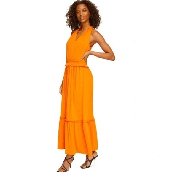 Karl Lagerfeld Tiered Maxi Dress | M | Orange | Sleeveless | Ruffle Hem | Split - Picture 1 of 9